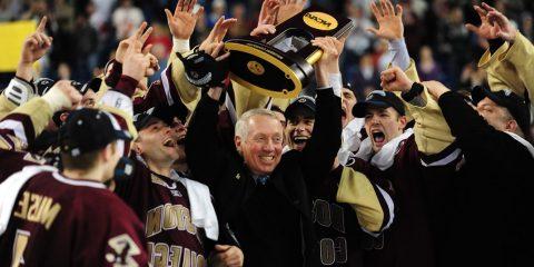 Jerry York with NCAA trophy