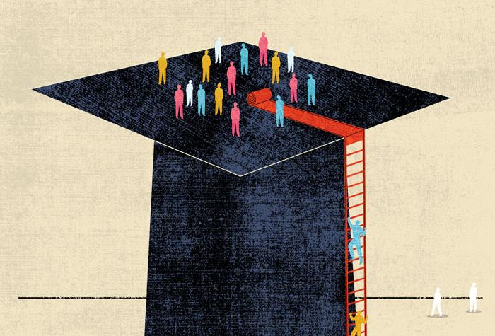 An illustration showing people scaling a graduation cap.